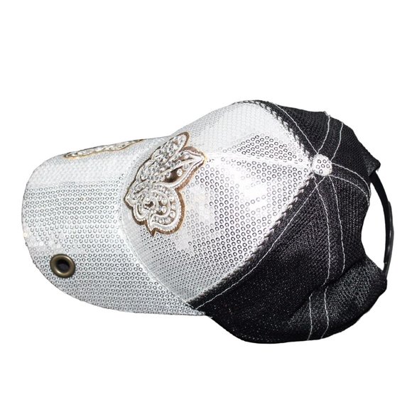Silver Bling Sequin Fleur De Lis Trucker Mesh Adjustable Baseball Hat NOLA Cap - Picture 8 of 12